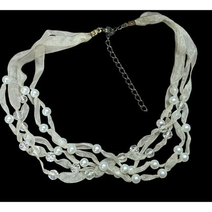Elegant Ivory Ribbon & Faux Pearl Multi-Strand Necklace