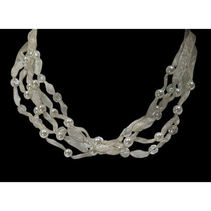 Elegant Ivory Ribbon & Faux Pearl Multi-Strand Necklace