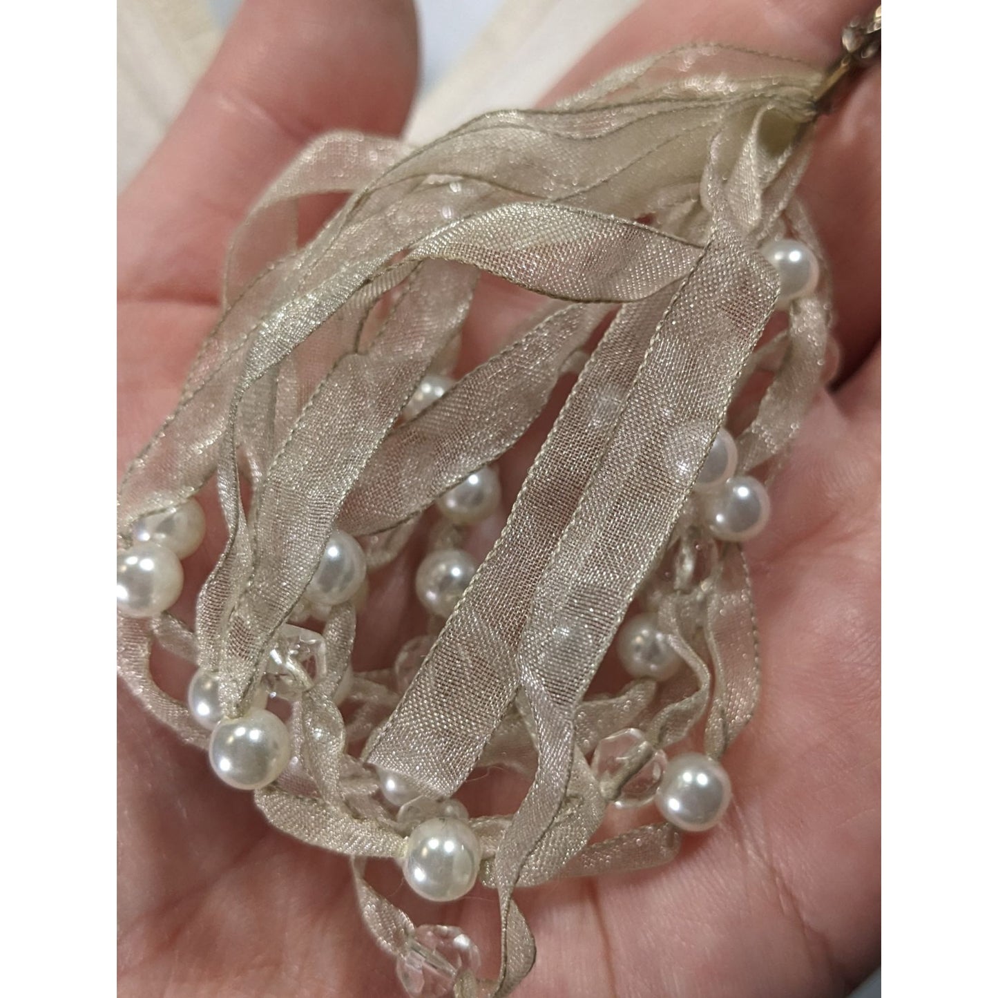 Elegant Ivory Ribbon & Faux Pearl Multi-Strand Necklace