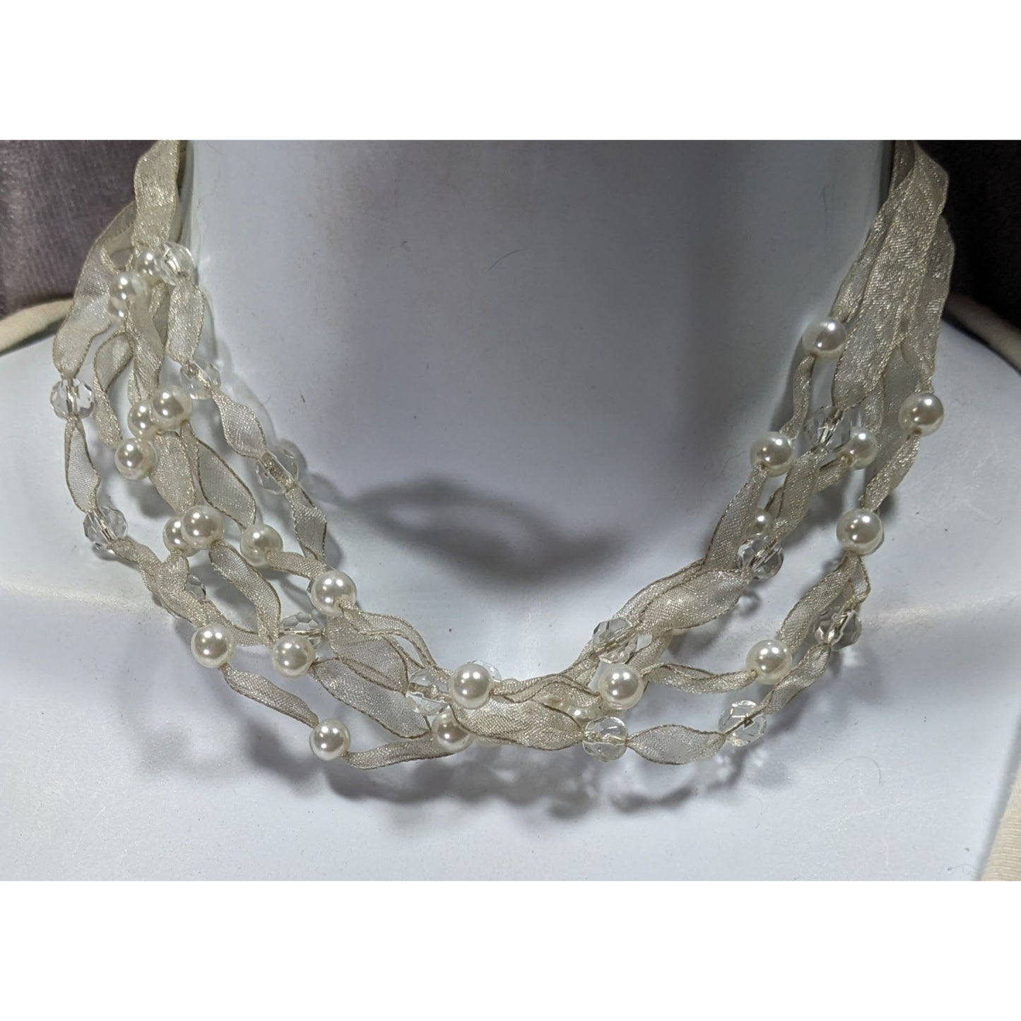 Elegant Ivory Ribbon & Faux Pearl Multi-Strand Necklace