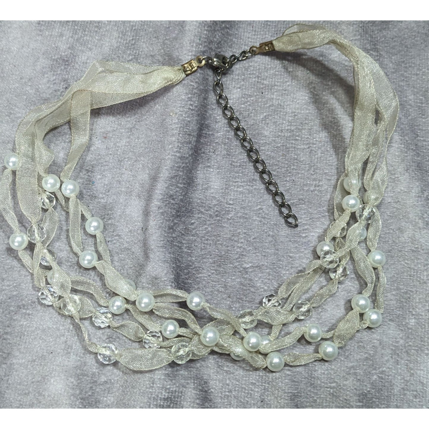 Elegant Ivory Ribbon & Faux Pearl Multi-Strand Necklace