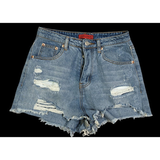 Distressed High Rise Four Button Denim Shorts by Signature 8