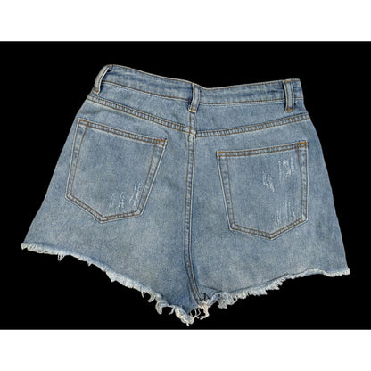 Distressed High Rise Four Button Denim Shorts by Signature 8