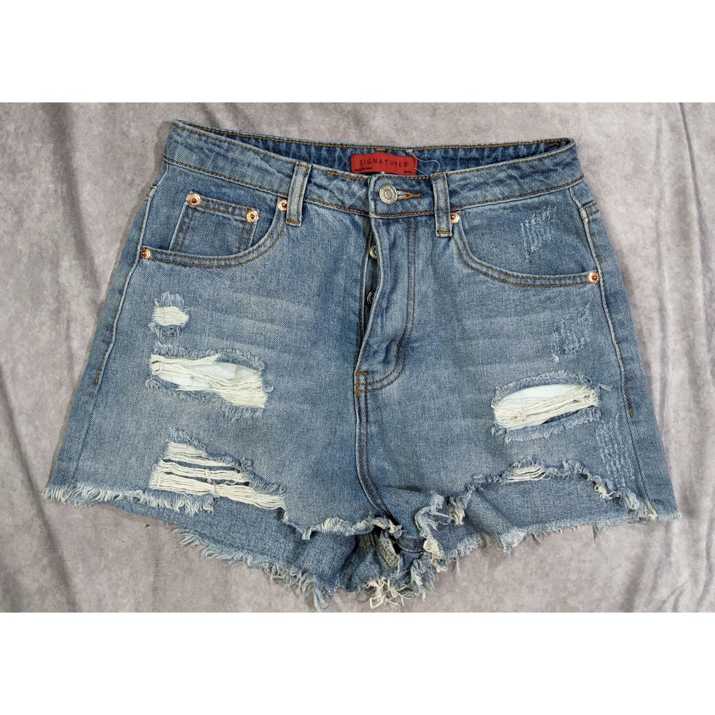 Distressed High Rise Four Button Denim Shorts by Signature 8