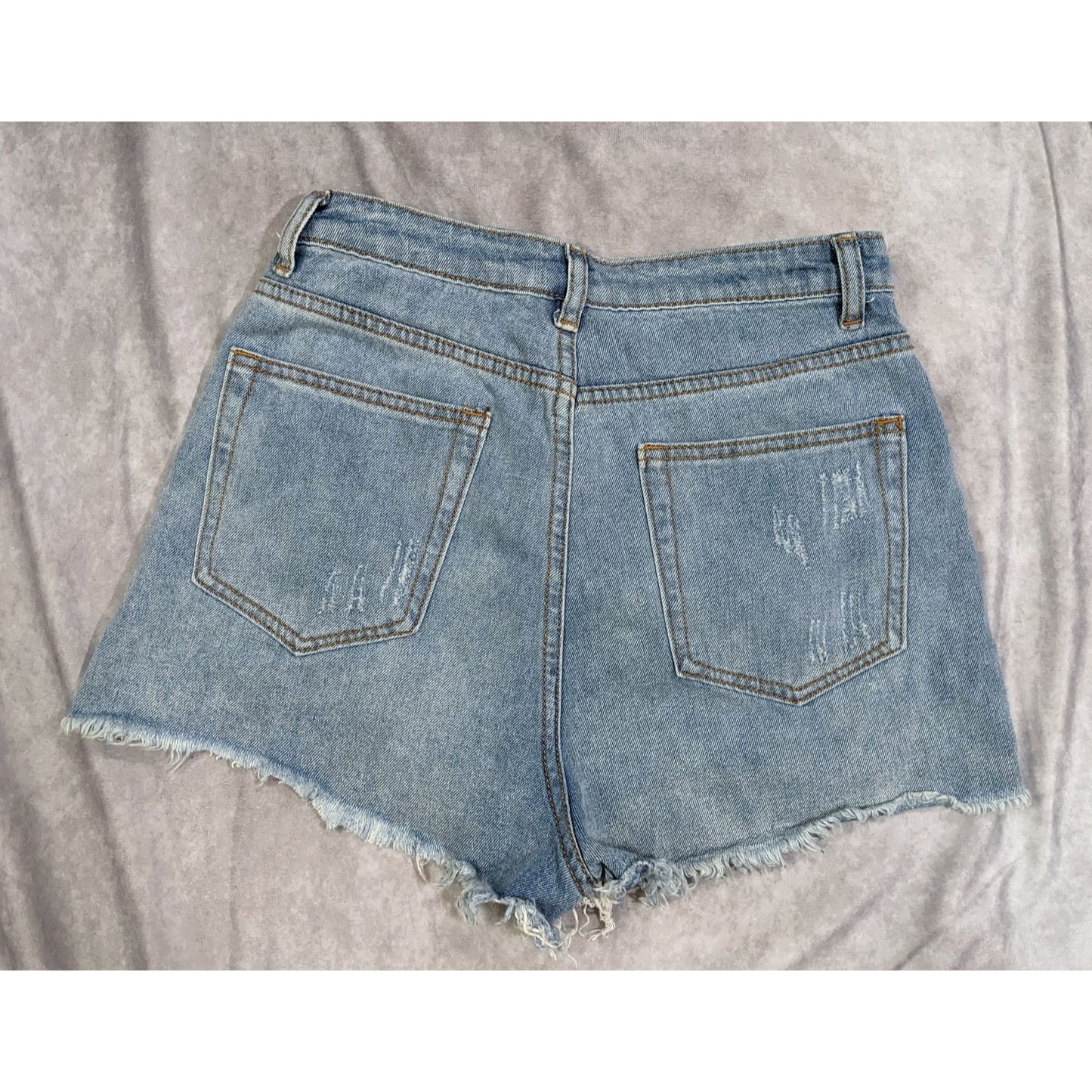 Distressed High Rise Four Button Denim Shorts by Signature 8