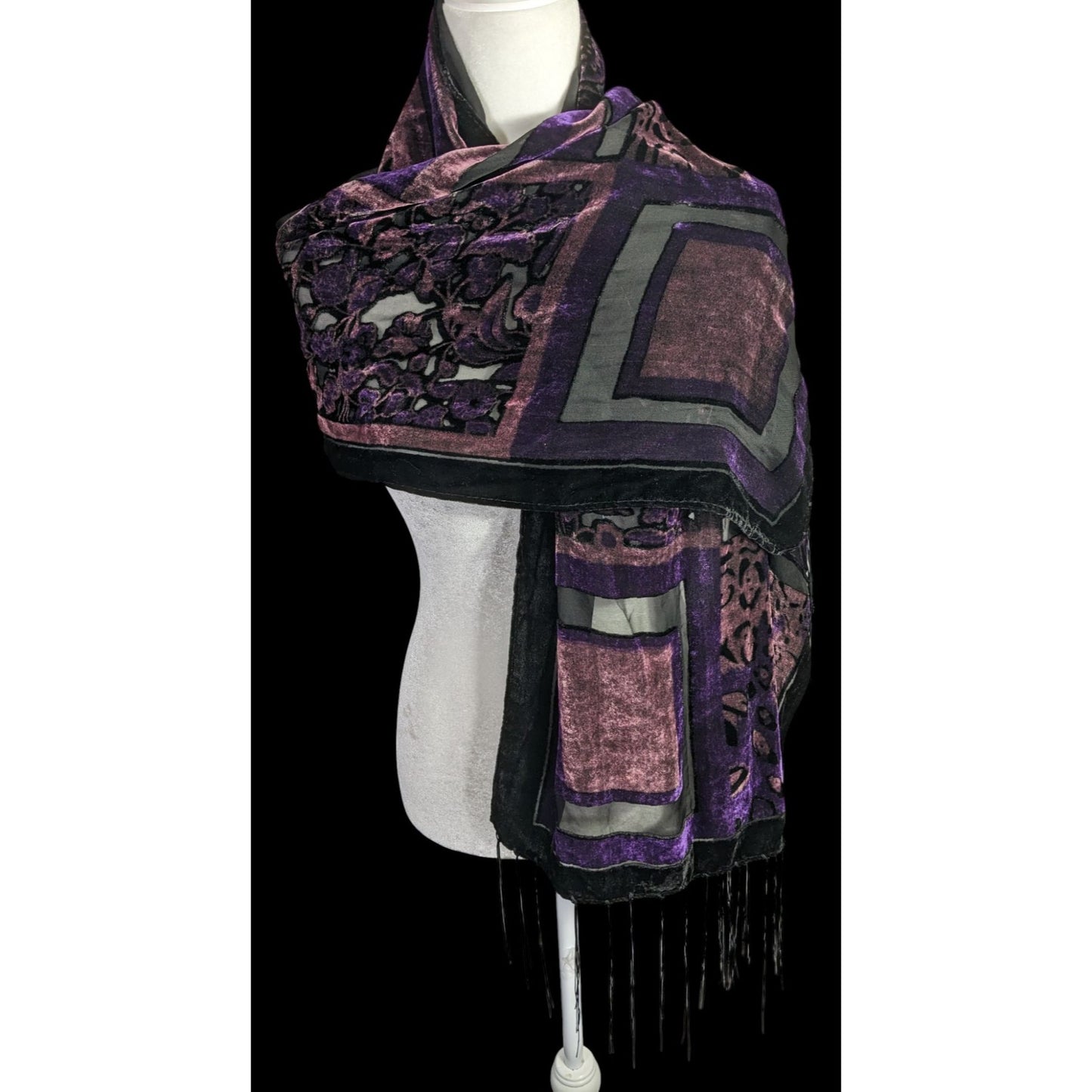 Vintage Burnt Velvet Abstract Scarf With Fringe 61"x20" Purple & Black