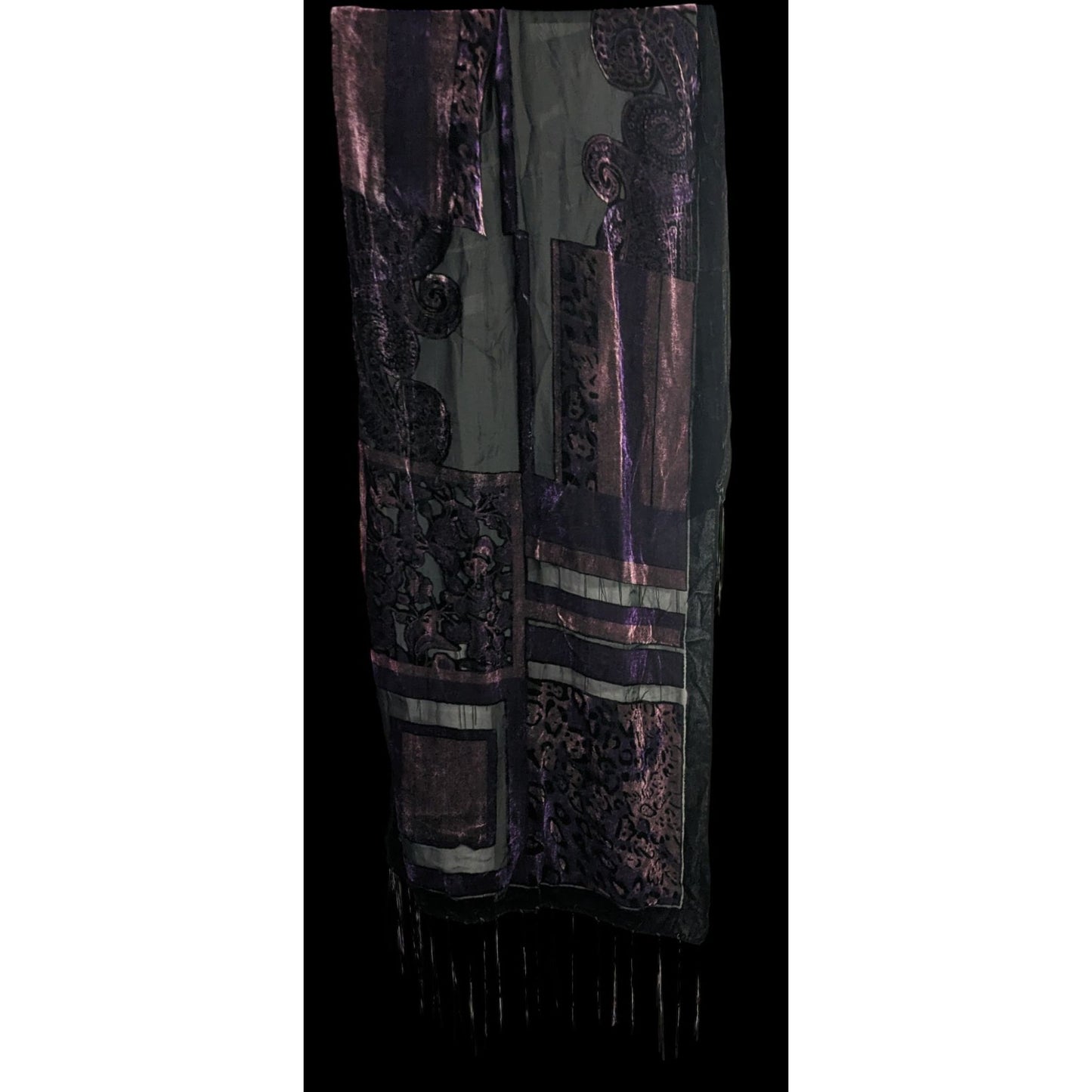 Vintage Burnt Velvet Abstract Scarf With Fringe 61"x20" Purple & Black