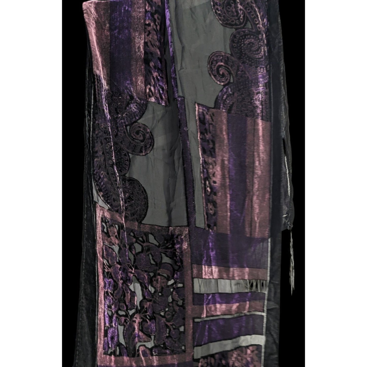 Vintage Burnt Velvet Abstract Scarf With Fringe 61"x20" Purple & Black