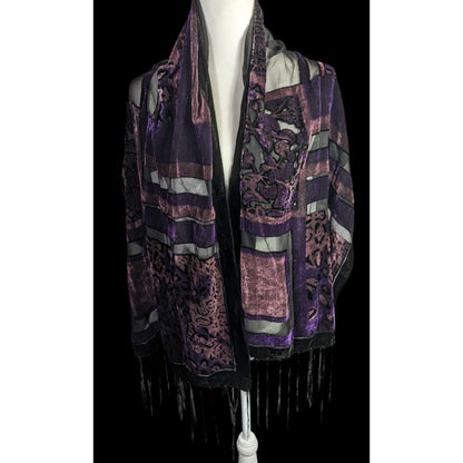 Vintage Burnt Velvet Abstract Scarf With Fringe 61"x20" Purple & Black