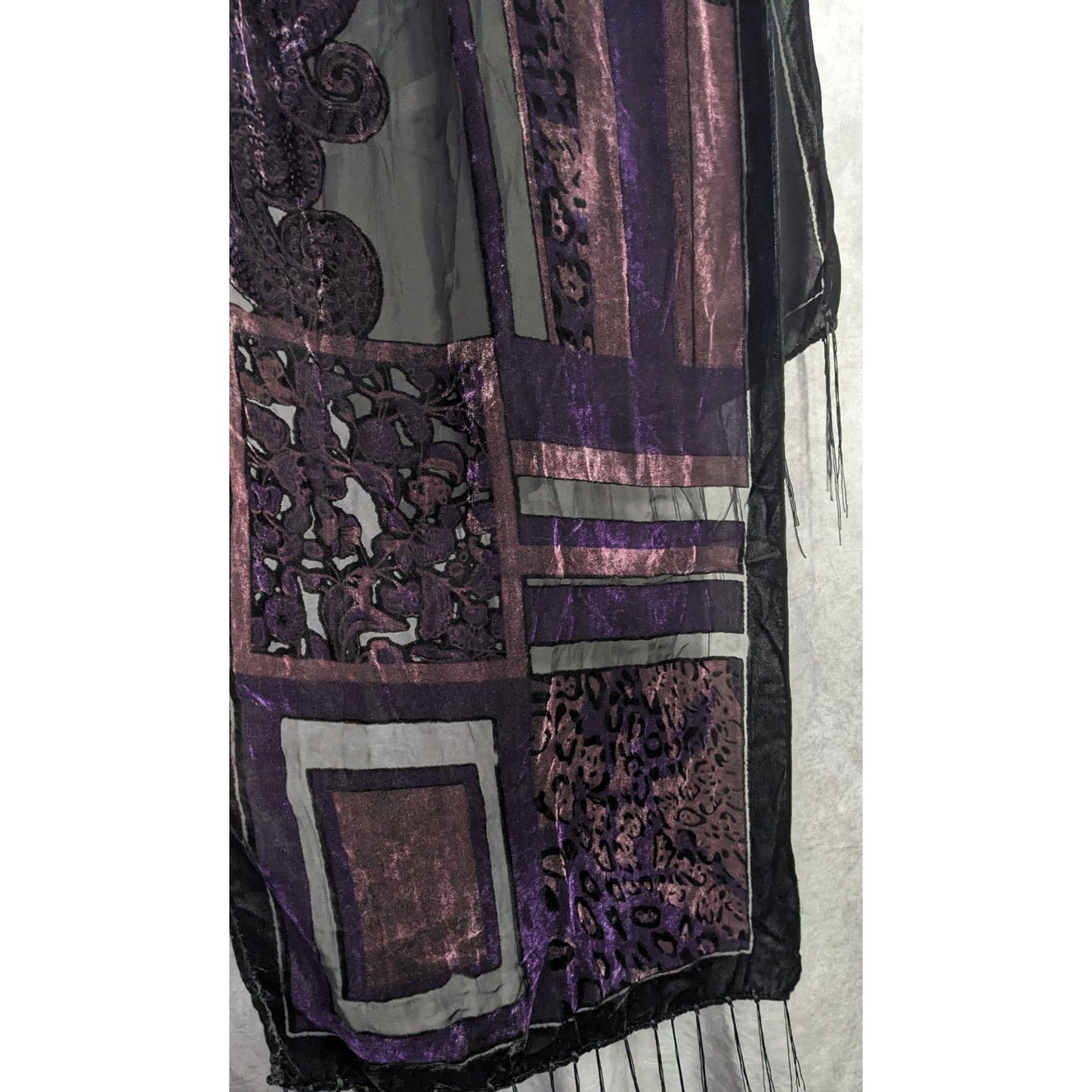 Vintage Burnt Velvet Abstract Scarf With Fringe 61"x20" Purple & Black