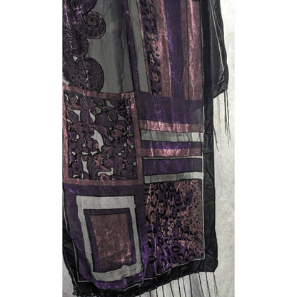 Vintage Burnt Velvet Abstract Scarf With Fringe 61"x20" Purple & Black
