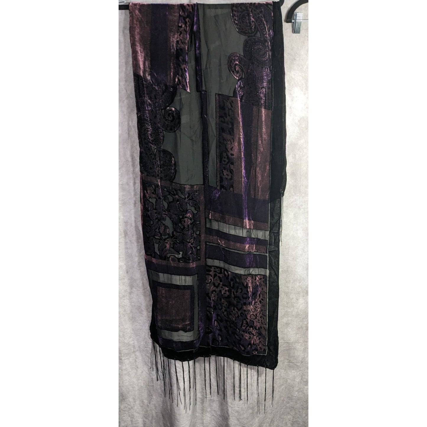 Vintage Burnt Velvet Abstract Scarf With Fringe 61"x20" Purple & Black