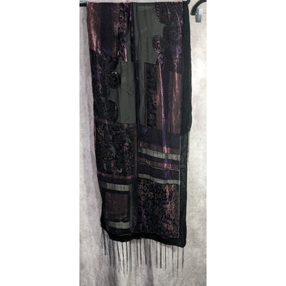 Vintage Burnt Velvet Abstract Scarf With Fringe 61"x20" Purple & Black