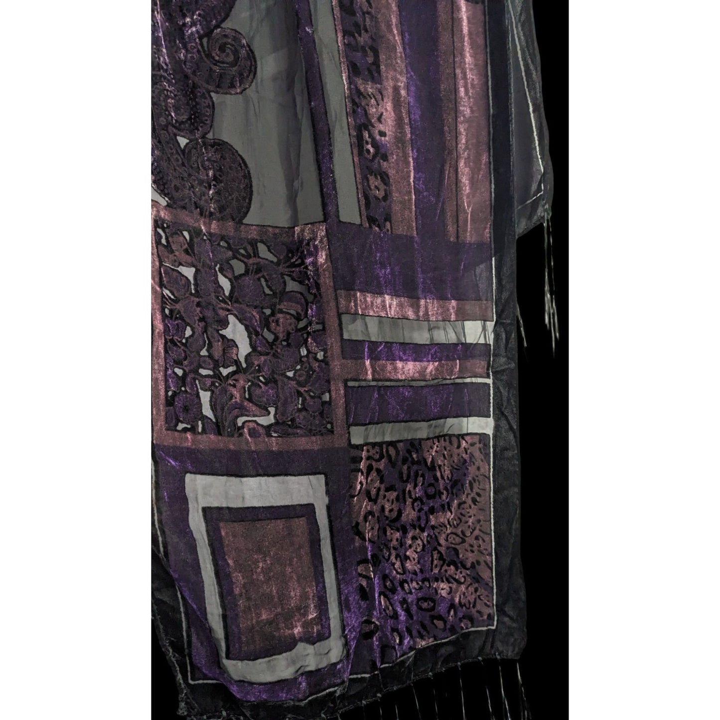 Vintage Burnt Velvet Abstract Scarf With Fringe 61"x20" Purple & Black
