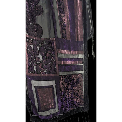 Vintage Burnt Velvet Abstract Scarf With Fringe 61"x20" Purple & Black