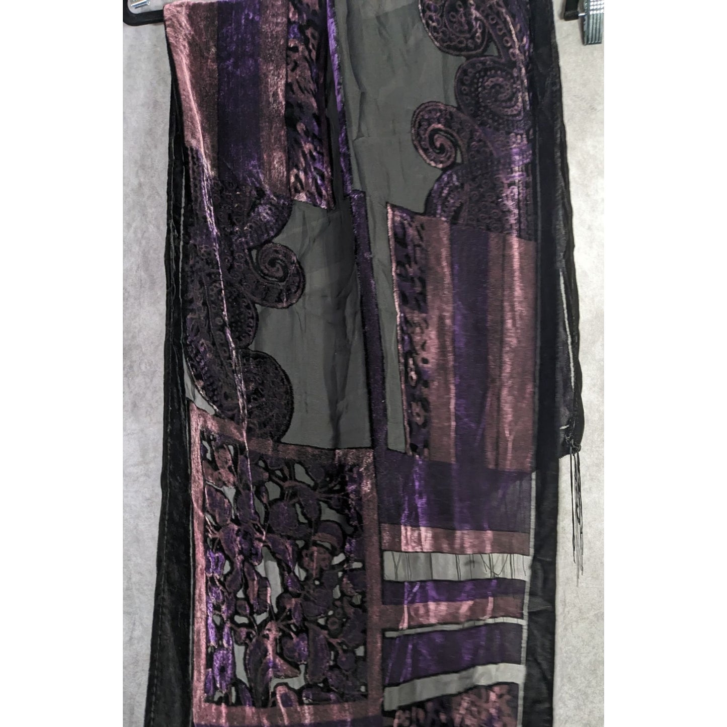 Vintage Burnt Velvet Abstract Scarf With Fringe 61"x20" Purple & Black