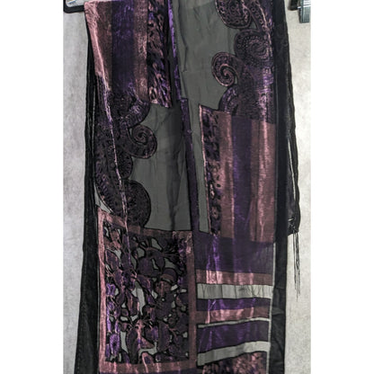Vintage Burnt Velvet Abstract Scarf With Fringe 61"x20" Purple & Black
