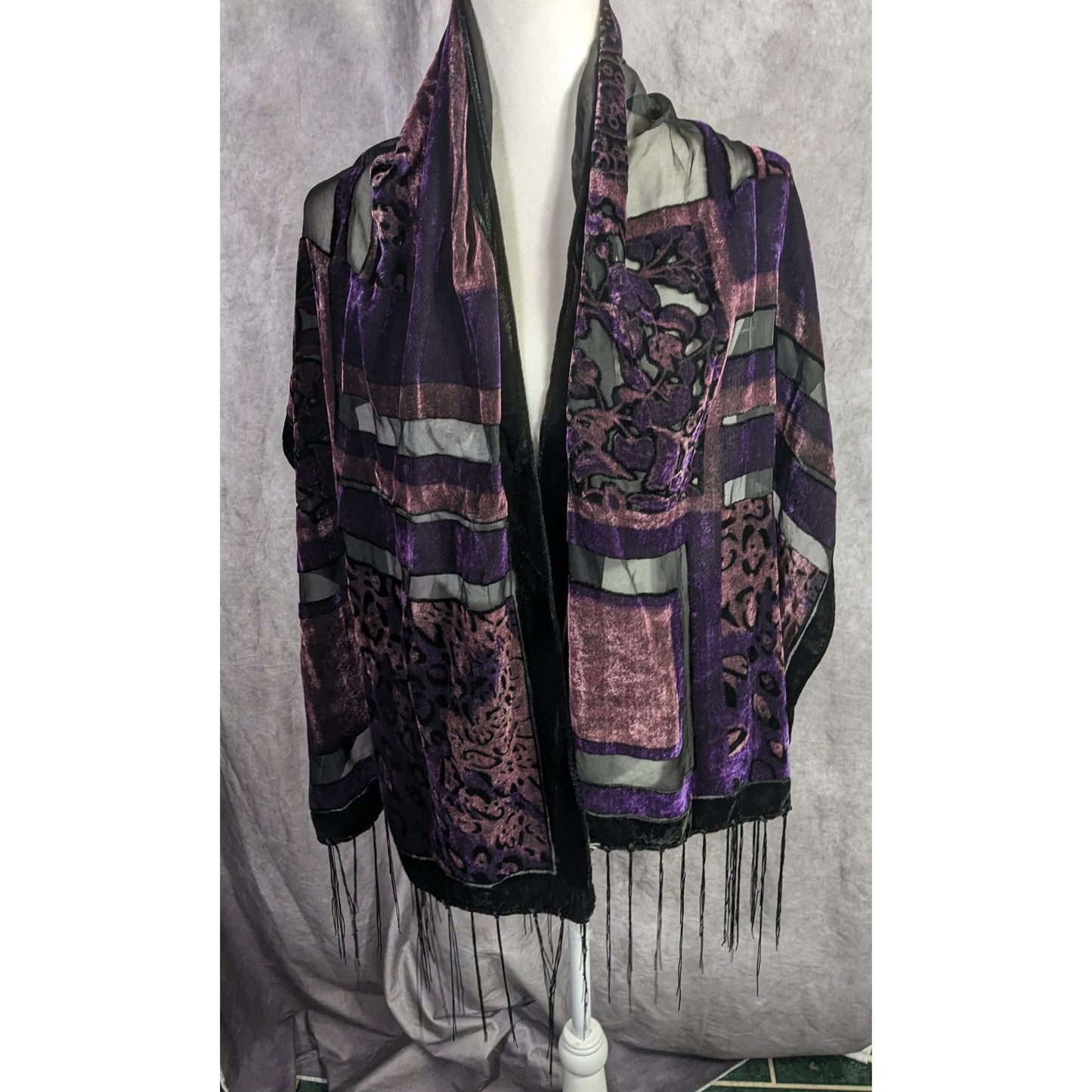 Vintage Burnt Velvet Abstract Scarf With Fringe 61"x20" Purple & Black
