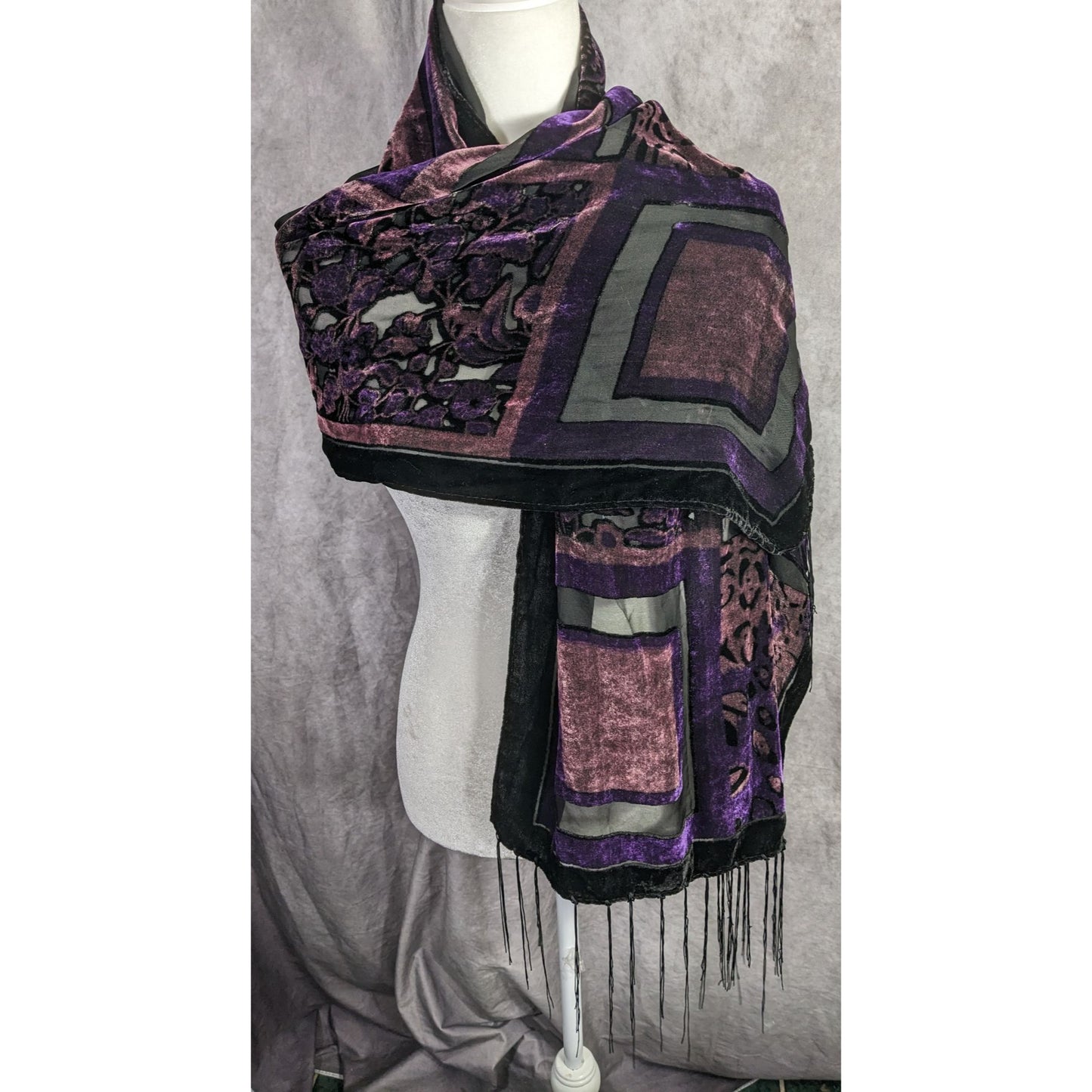 Vintage Burnt Velvet Abstract Scarf With Fringe 61"x20" Purple & Black