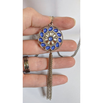 Bohemian Blue And Silver Tone Medallion & Tassel Pendant Necklace