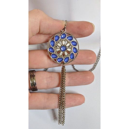Bohemian Blue And Silver Tone Medallion & Tassel Pendant Necklace