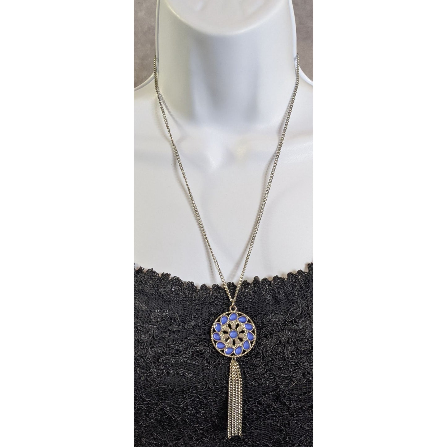 Bohemian Blue And Silver Tone Medallion & Tassel Pendant Necklace
