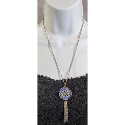Bohemian Blue And Silver Tone Medallion & Tassel Pendant Necklace