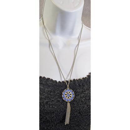 Bohemian Blue And Silver Tone Medallion & Tassel Pendant Necklace