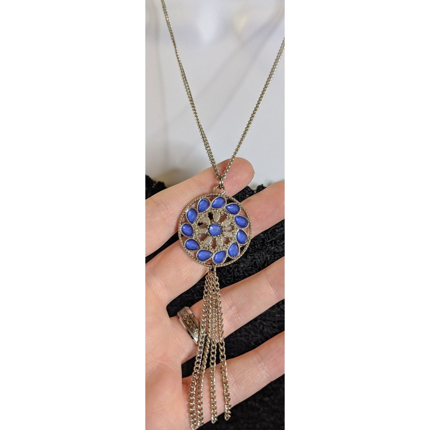 Bohemian Blue And Silver Tone Medallion & Tassel Pendant Necklace