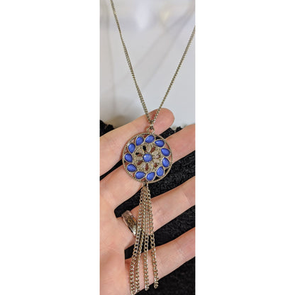 Bohemian Blue And Silver Tone Medallion & Tassel Pendant Necklace
