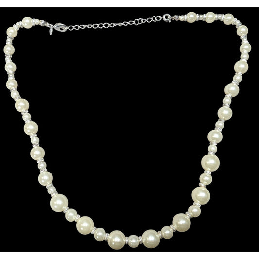 Vintage Avon White Faux Pearl Necklace With Silver Tone Accents