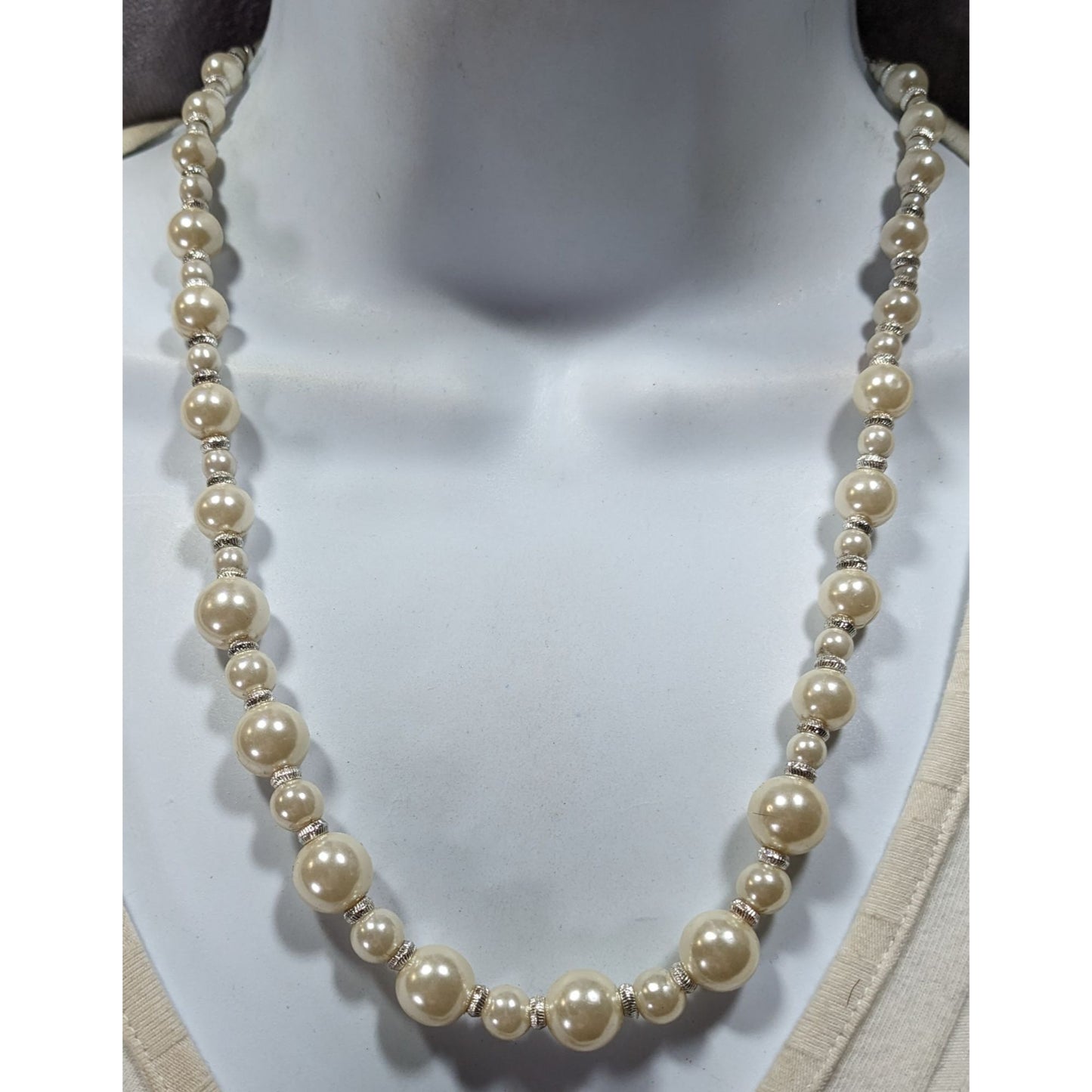 Vintage Avon White Faux Pearl Necklace With Silver Tone Accents