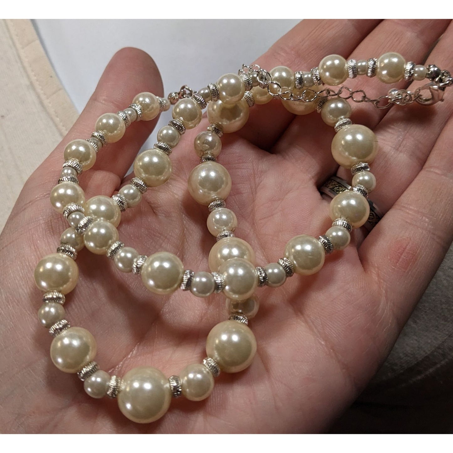 Vintage Avon White Faux Pearl Necklace With Silver Tone Accents