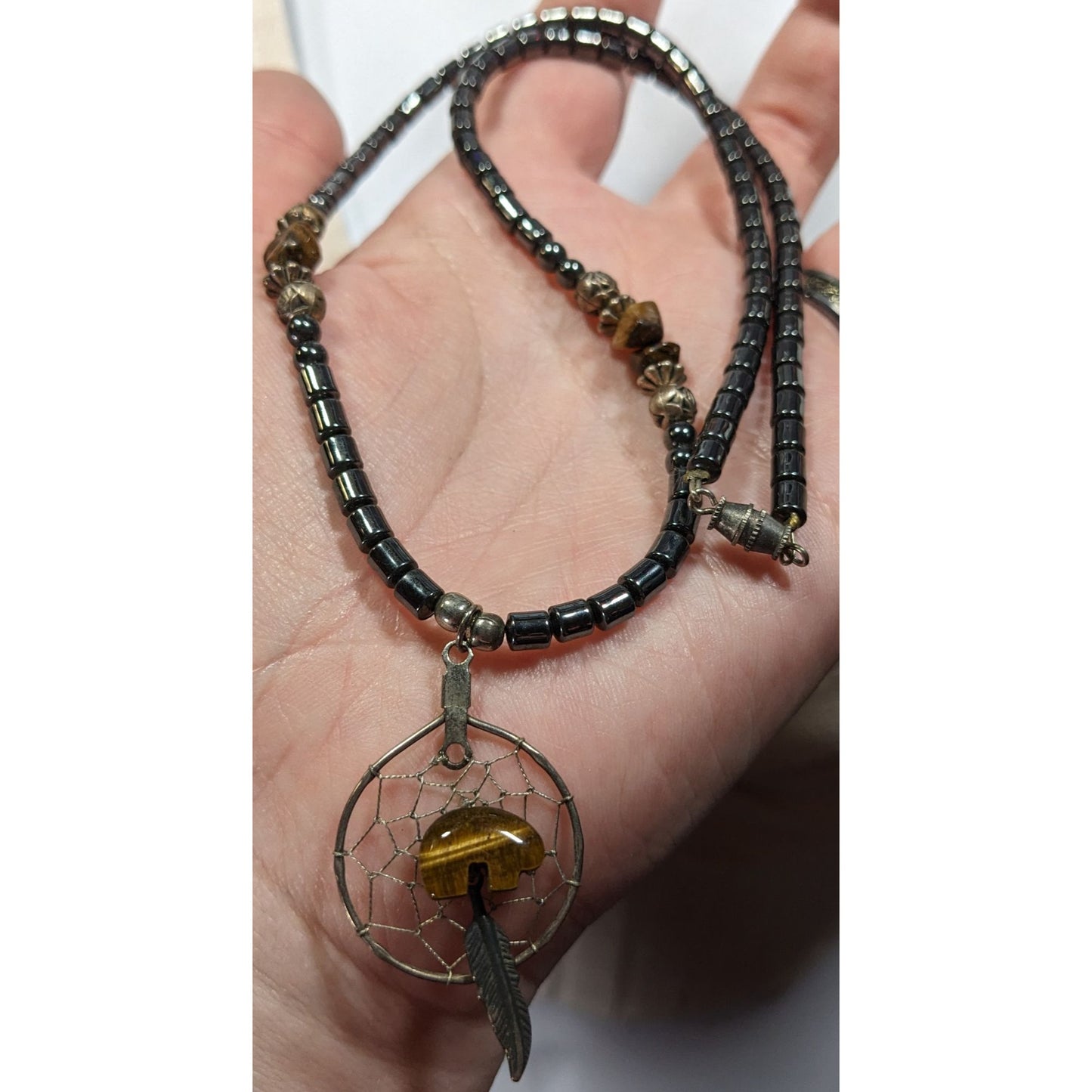Vintage 90s Native Hematite And Tiger Eye Dream Catcher Necklace With Bear Fetish