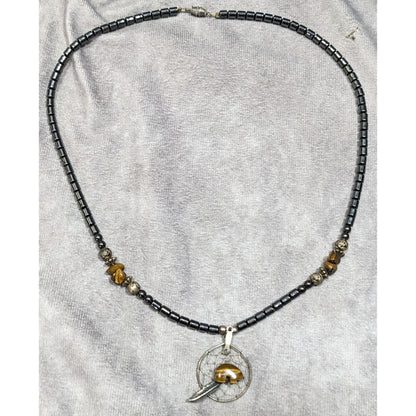 Vintage 90s Native Hematite And Tiger Eye Dream Catcher Necklace With Bear Fetish