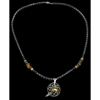 Vintage 90s Native Hematite And Tiger Eye Dream Catcher Necklace With Bear Fetish