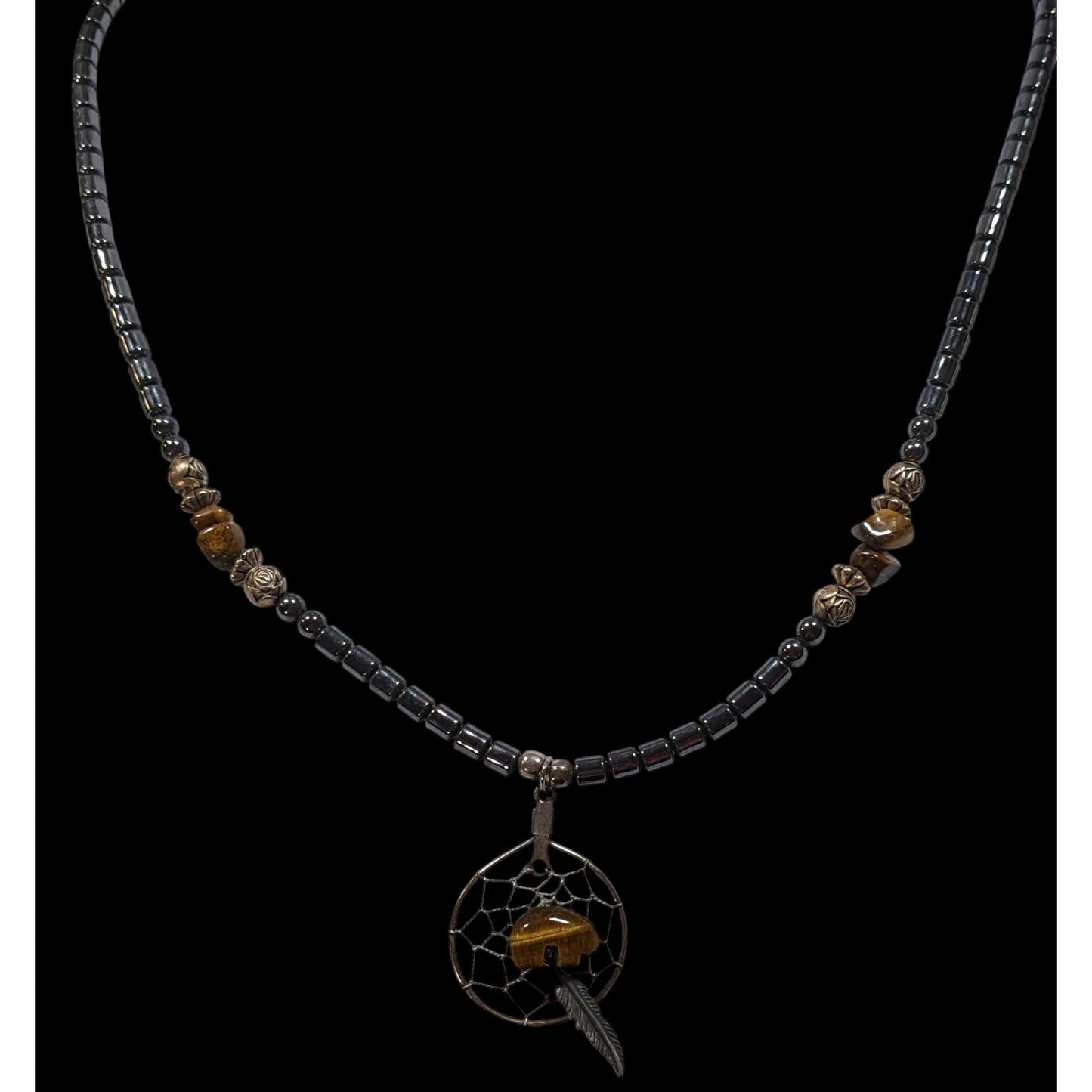 Vintage 90s Native Hematite And Tiger Eye Dream Catcher Necklace With Bear Fetish