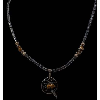 Vintage 90s Native Hematite And Tiger Eye Dream Catcher Necklace With Bear Fetish