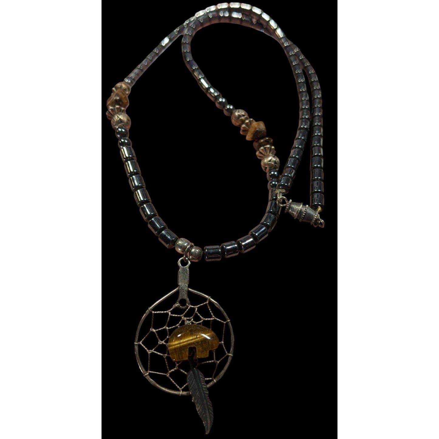 Vintage 90s Native Hematite And Tiger Eye Dream Catcher Necklace With Bear Fetish