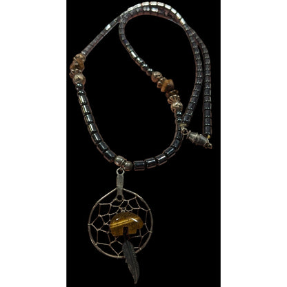 Vintage 90s Native Hematite And Tiger Eye Dream Catcher Necklace With Bear Fetish