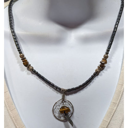 Vintage 90s Native Hematite And Tiger Eye Dream Catcher Necklace With Bear Fetish