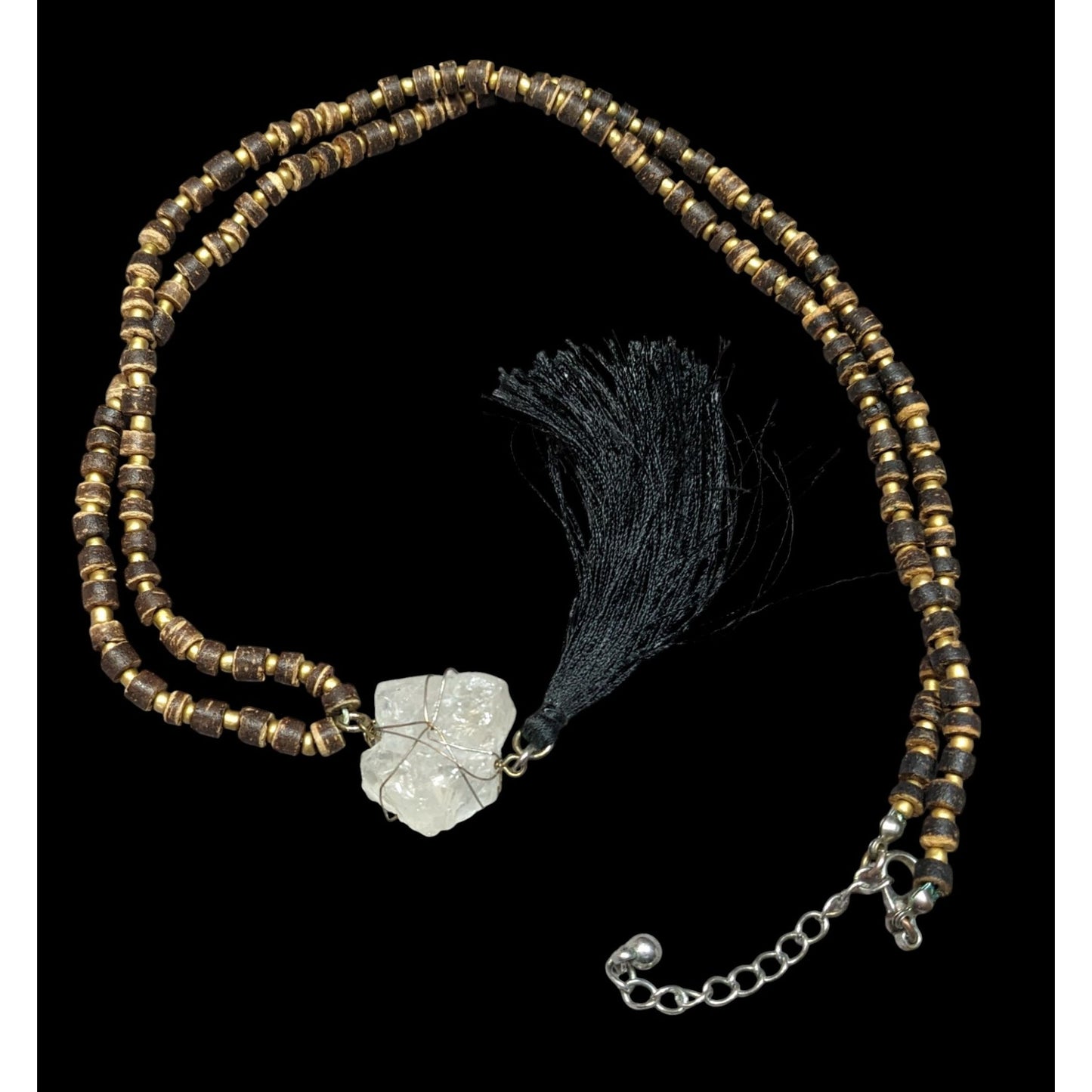 Vintage Bohemian Beaded Necklace With Natural Crystal Pendant & Black Tassel