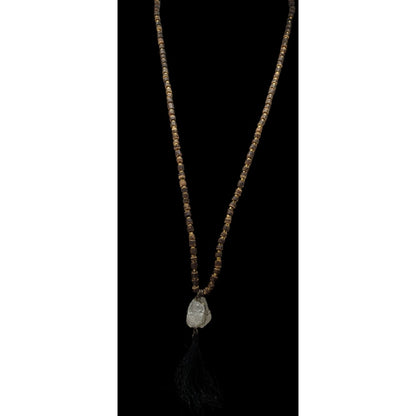Vintage Bohemian Beaded Necklace With Natural Crystal Pendant & Black Tassel