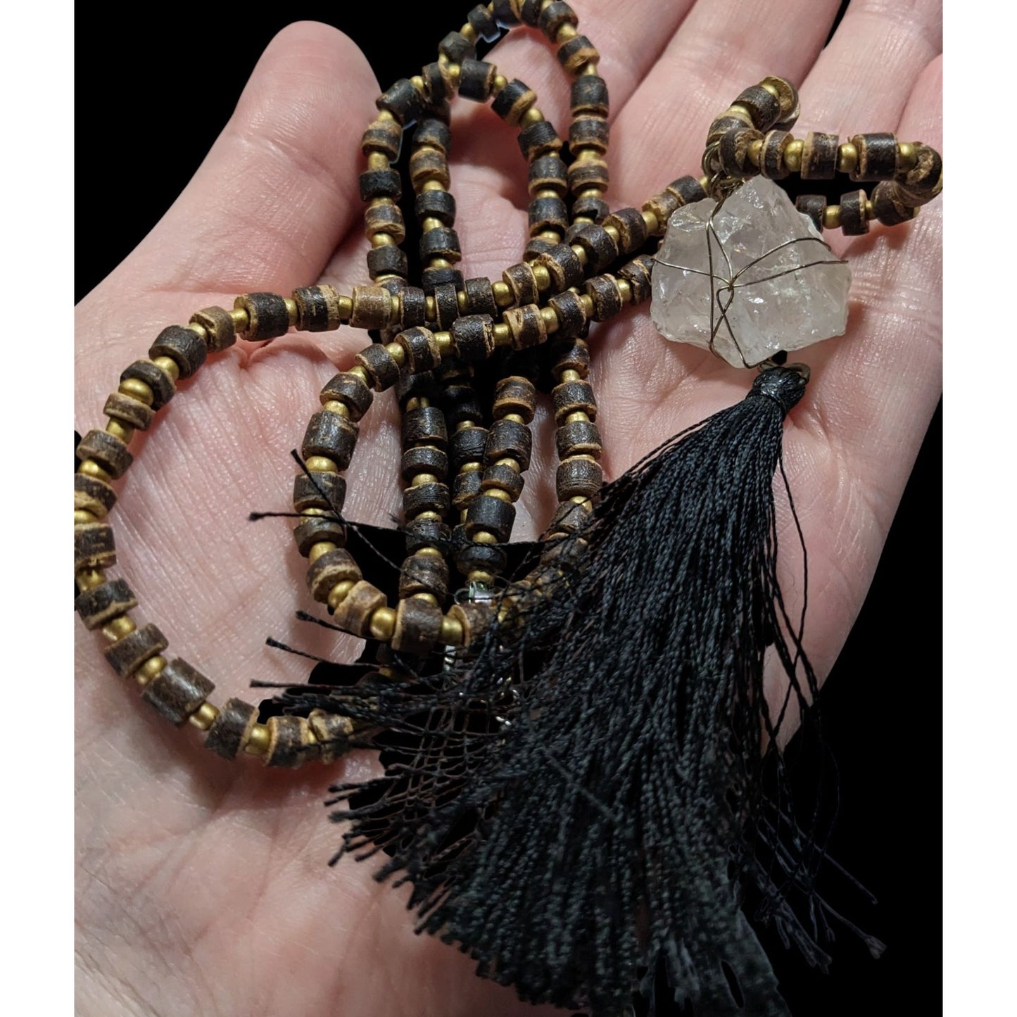 Vintage Bohemian Beaded Necklace With Natural Crystal Pendant & Black Tassel
