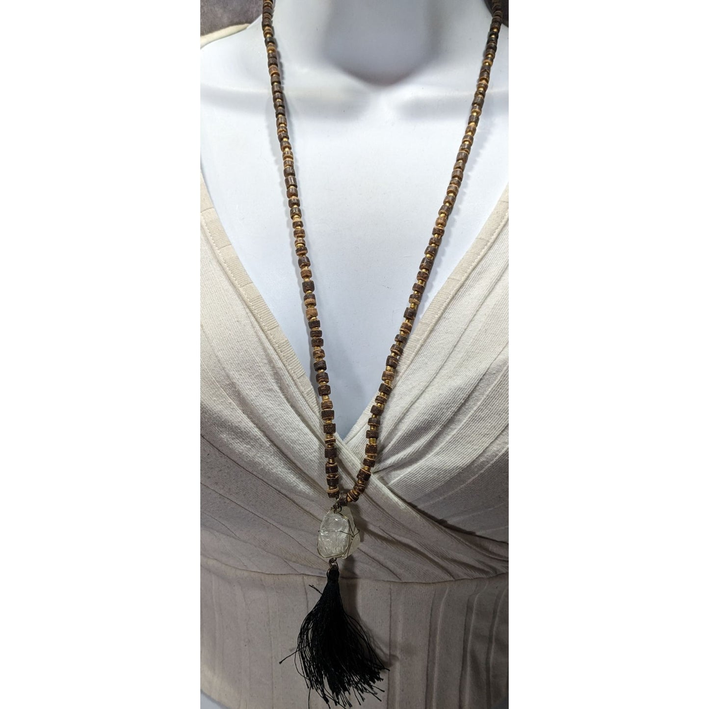 Vintage Bohemian Beaded Necklace With Natural Crystal Pendant & Black Tassel