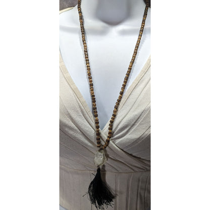 Vintage Bohemian Beaded Necklace With Natural Crystal Pendant & Black Tassel