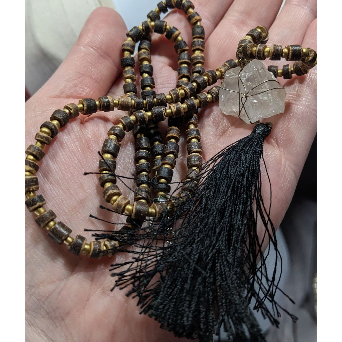 Vintage Bohemian Beaded Necklace With Natural Crystal Pendant & Black Tassel