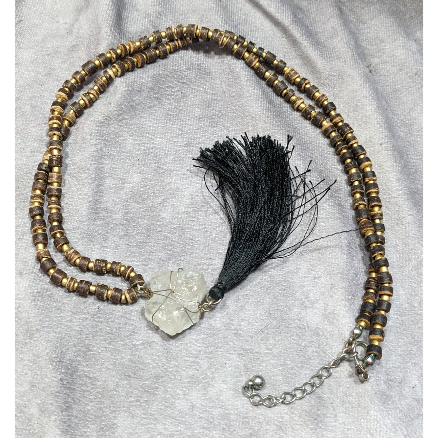 Vintage Bohemian Beaded Necklace With Natural Crystal Pendant & Black Tassel