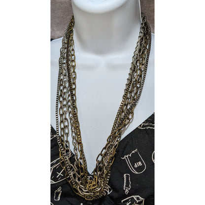 Grunge Layered Multi-Strand Chain Necklace In Mixed Metals