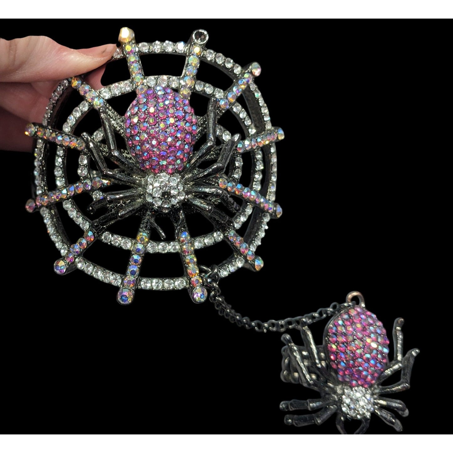 Glam Goth Spider Hinge Bracelet Ring Attached With Chain